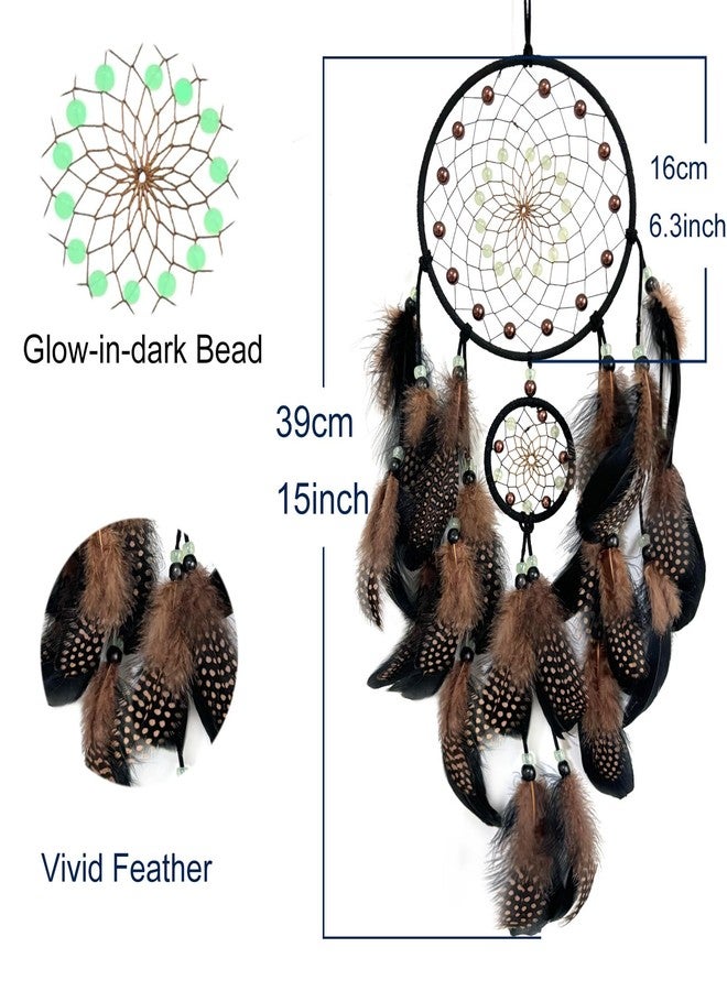 SOYUZU Brown and Black Dream Catcher Wall Decor Feather Dream Catchers with Luminous Bead Handmade Dreamcatcher Wall Hanging Ornament for Bedroom Living Room Home Decor - Image 2